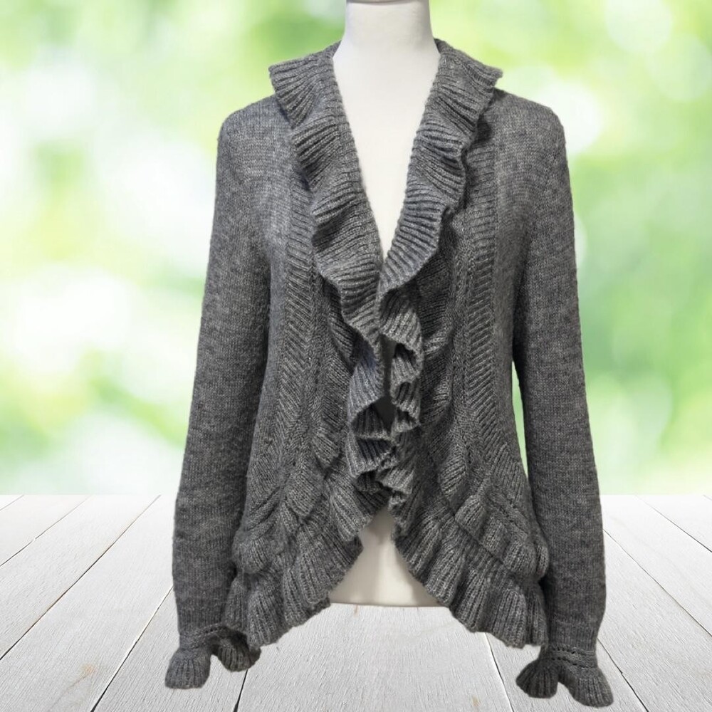 Vintage CHICOS Ruffle Cardigan Sweater Wool Blend Romantic Gray Knit Size 1 (M)